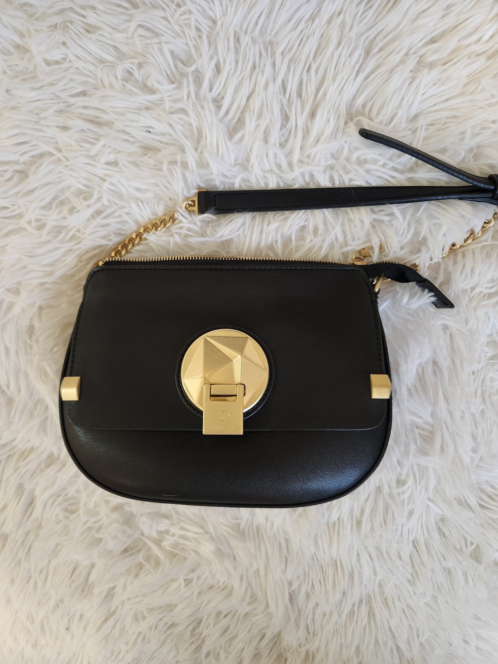 CELINE DION Black Leather Crossbody Bag with Gold Hardware